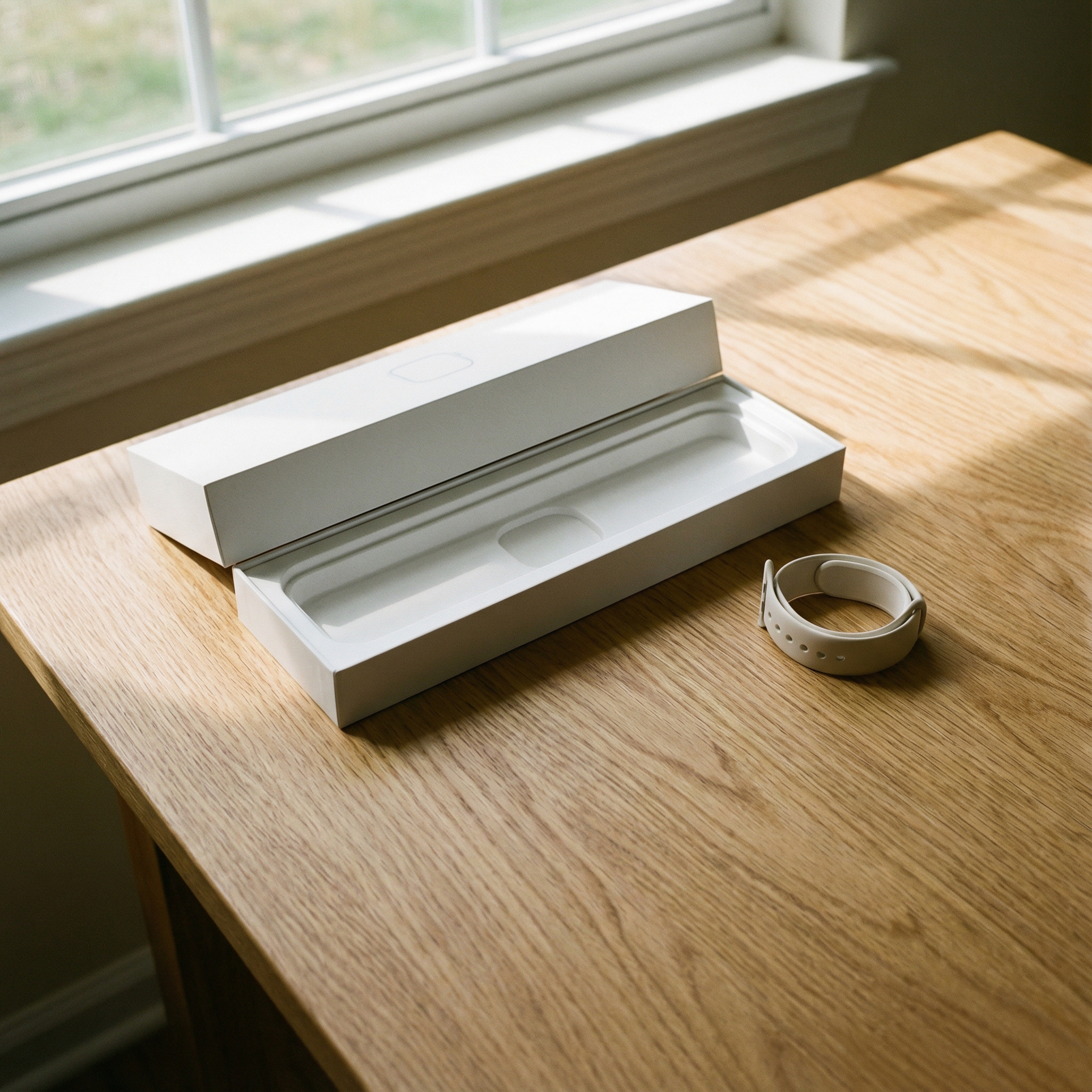 Apple Watch SE3 packaging box and starlight sport band on a clean wooden table with natural sunlight 1:1 no visible text