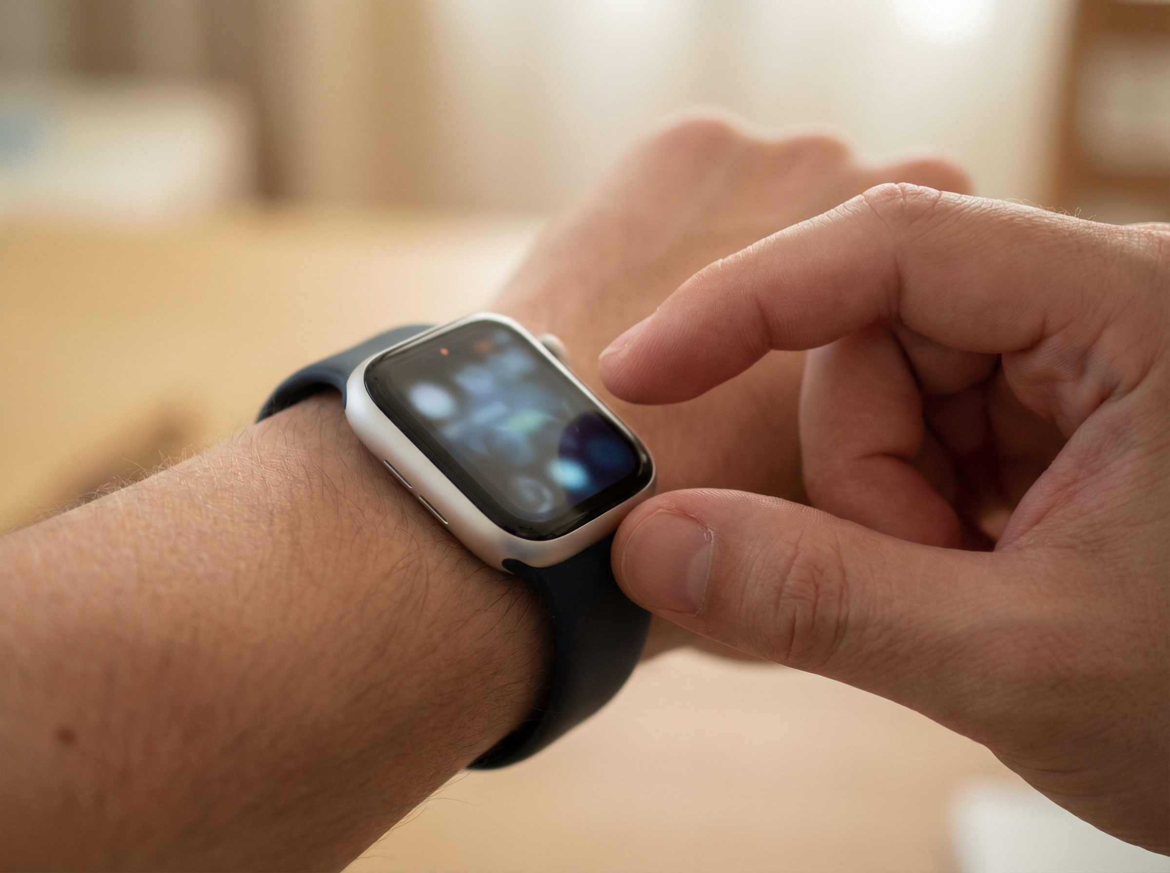 Close up of a person using double tap gesture with index finger and thumb wearing Apple Watch SE3 4:3 no visible text